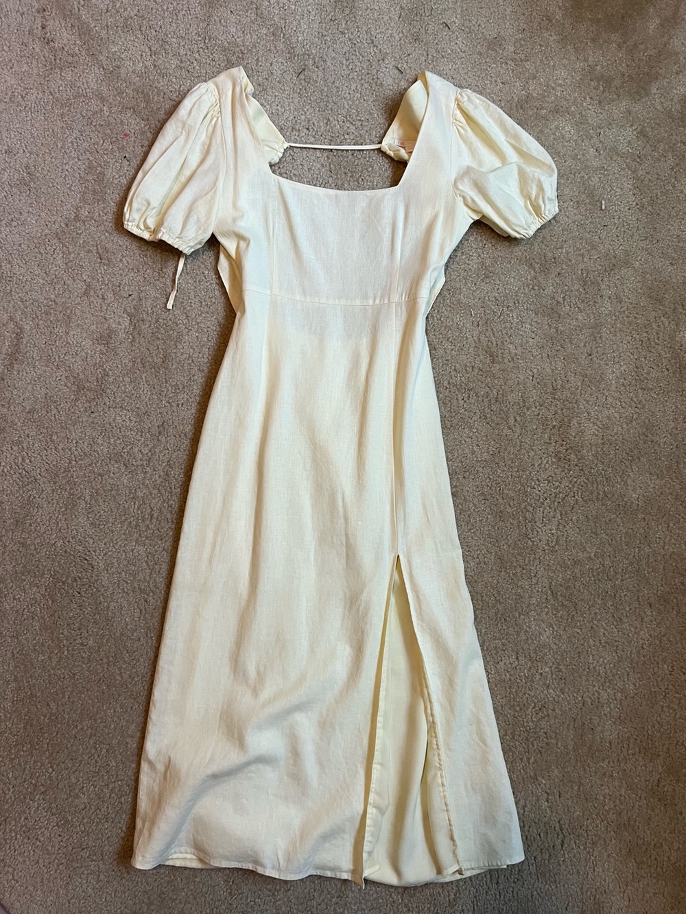 Butter Yellow Puff-Sleeve Midi Dress with Square Neck